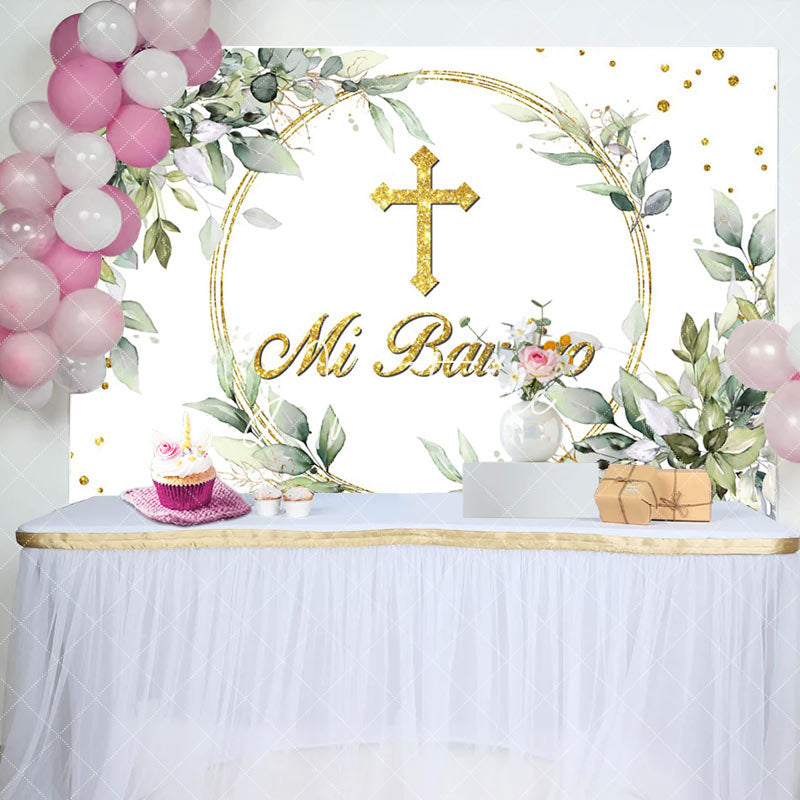 Aperturee - Aperturee Mi Bautizo Greeny Gold Cross Baptism Backdrop