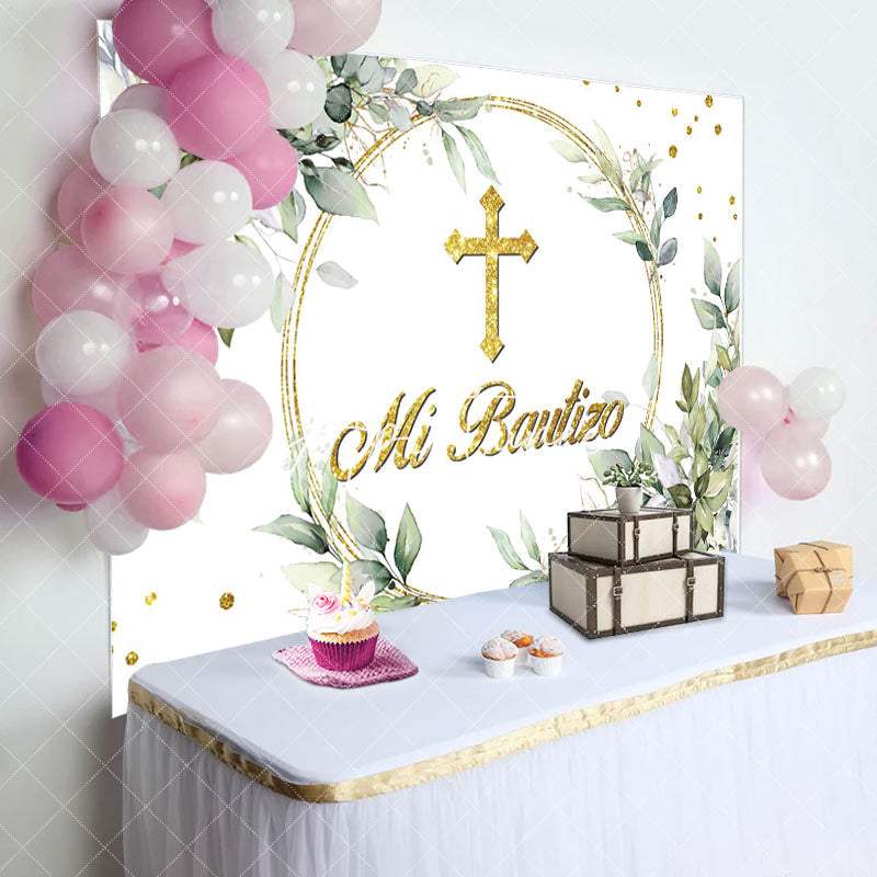 Aperturee - Aperturee Mi Bautizo Greeny Gold Cross Baptism Backdrop