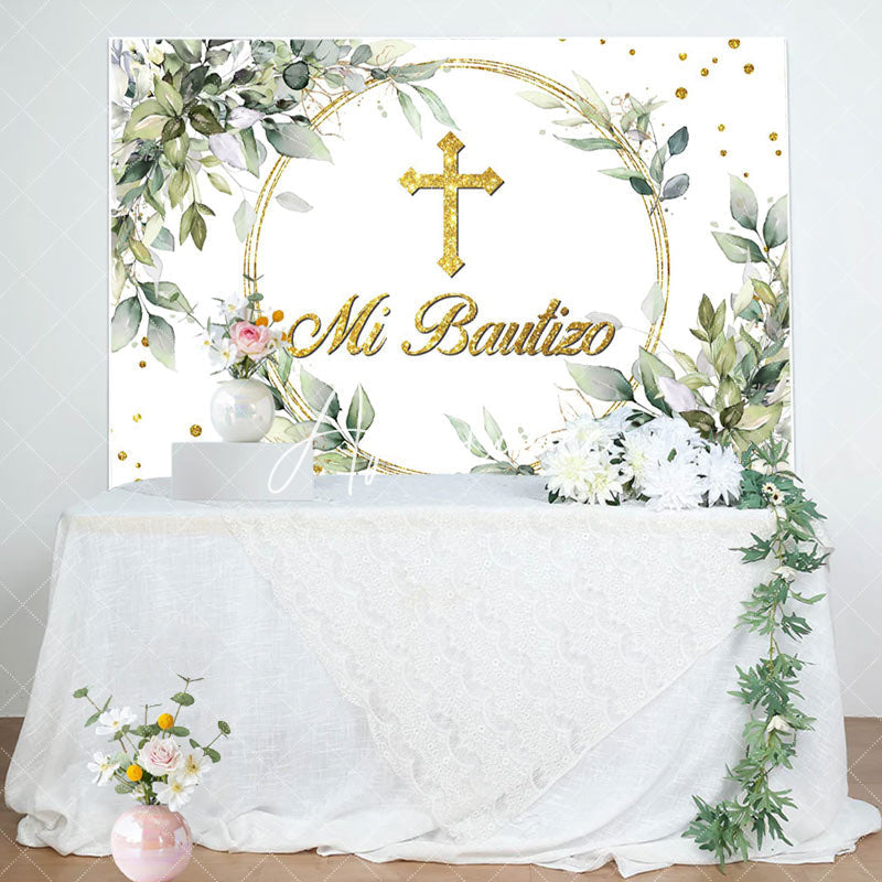 Aperturee - Aperturee Mi Bautizo Greeny Gold Cross Baptism Backdrop