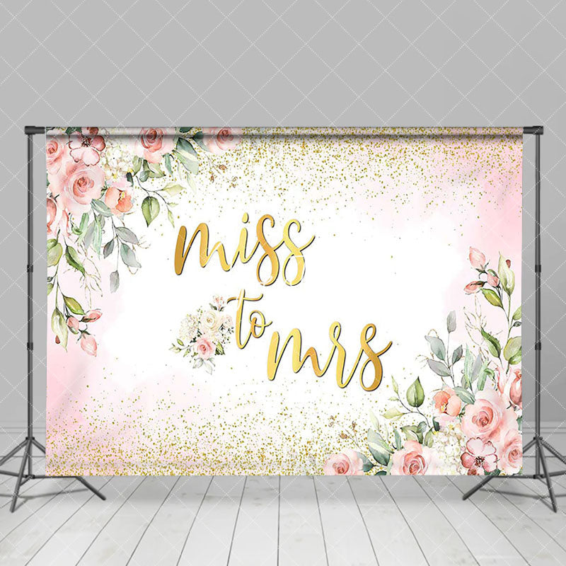 Aperturee - Aperturee Miss To Mrs Pink Floral Gold Glitter Wedding Backdrop