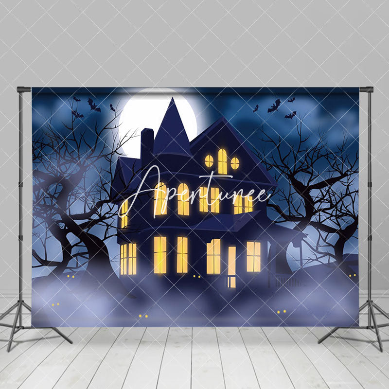 Aperturee - Aperturee Mist Trees Dark Night Moon House Halloween Backdrop