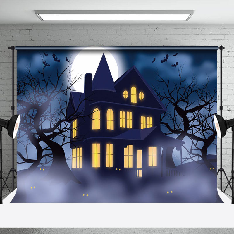 Aperturee - Aperturee Mist Trees Dark Night Moon House Halloween Backdrop