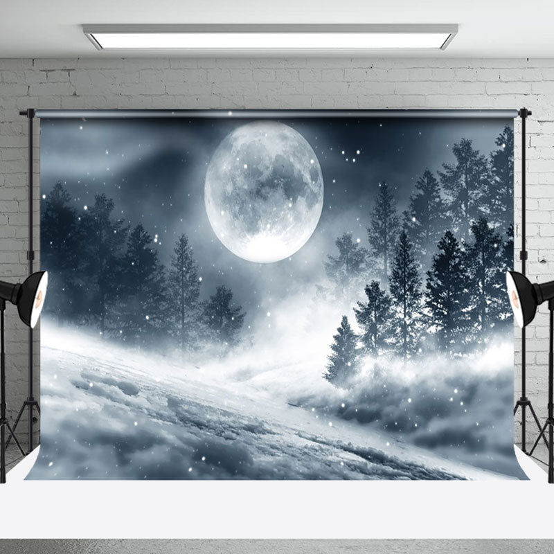 Aperturee - Aperturee Misty Moon Night Forest Snowland Winter Backdrop