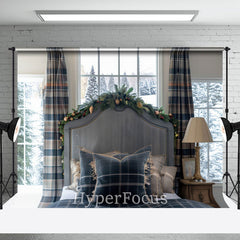 Aperturee - Aperturee Modern Blue Plaid Curtain Bedding Christmas Backdrop