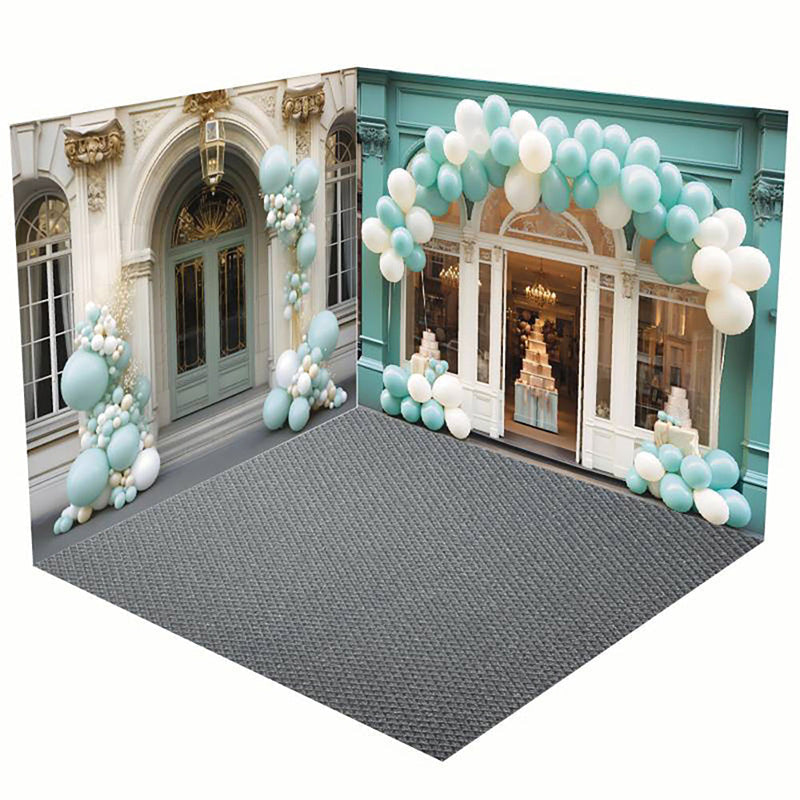 Aperturee - Aperturee Modern Green White Store Balloons Room Set Backdrop