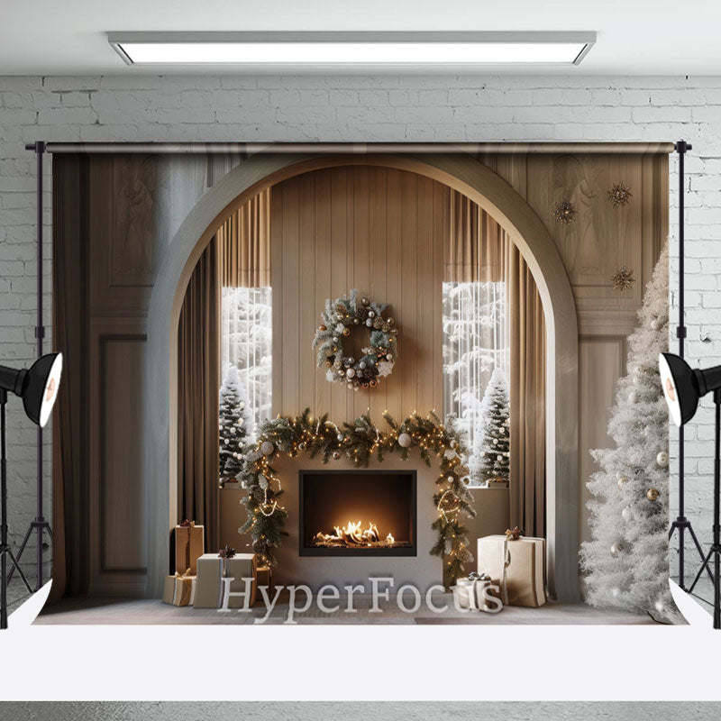 Aperturee - Aperturee Modern Grey Fireplace Wreath Christmas Backdrop