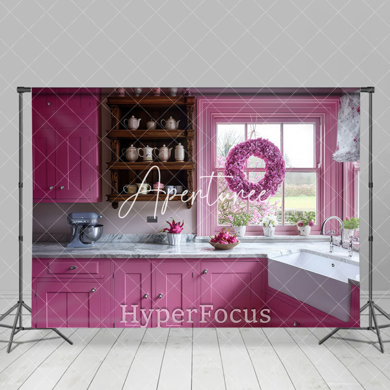 Aperturee - Aperturee Modern Pink Kitchen Wreath Window Photo Backdrop