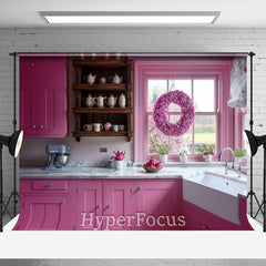 Aperturee - Aperturee Modern Pink Kitchen Wreath Window Photo Backdrop