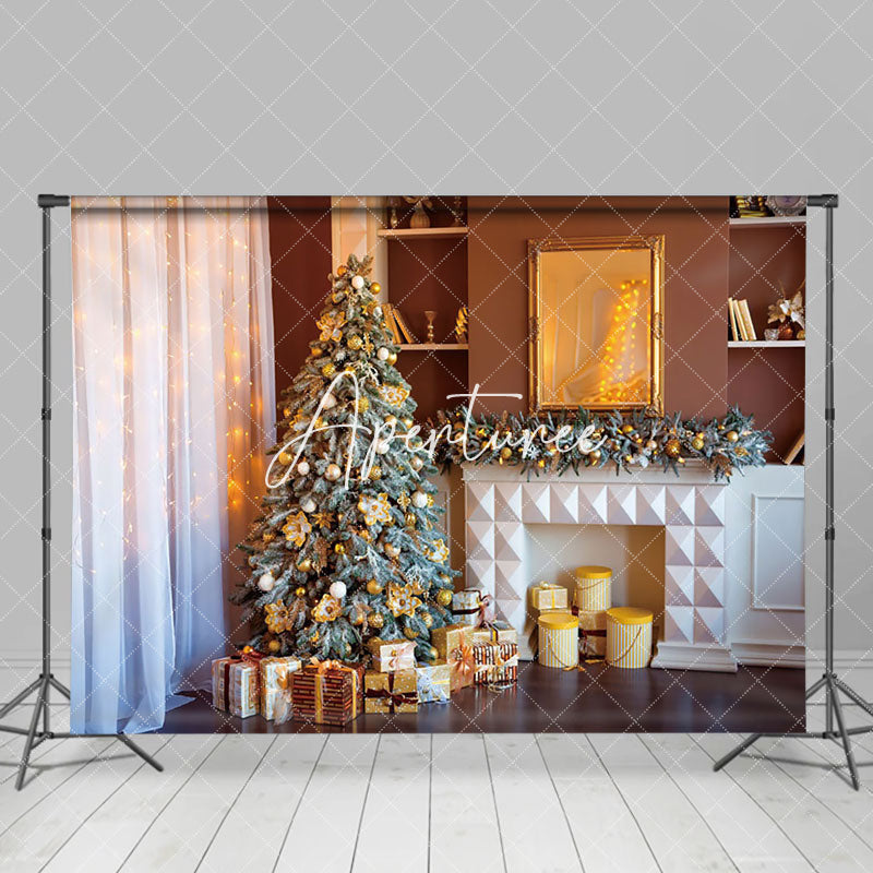 Aperturee - Aperturee Modern Room White Curtain Tree Christmas Backdrop