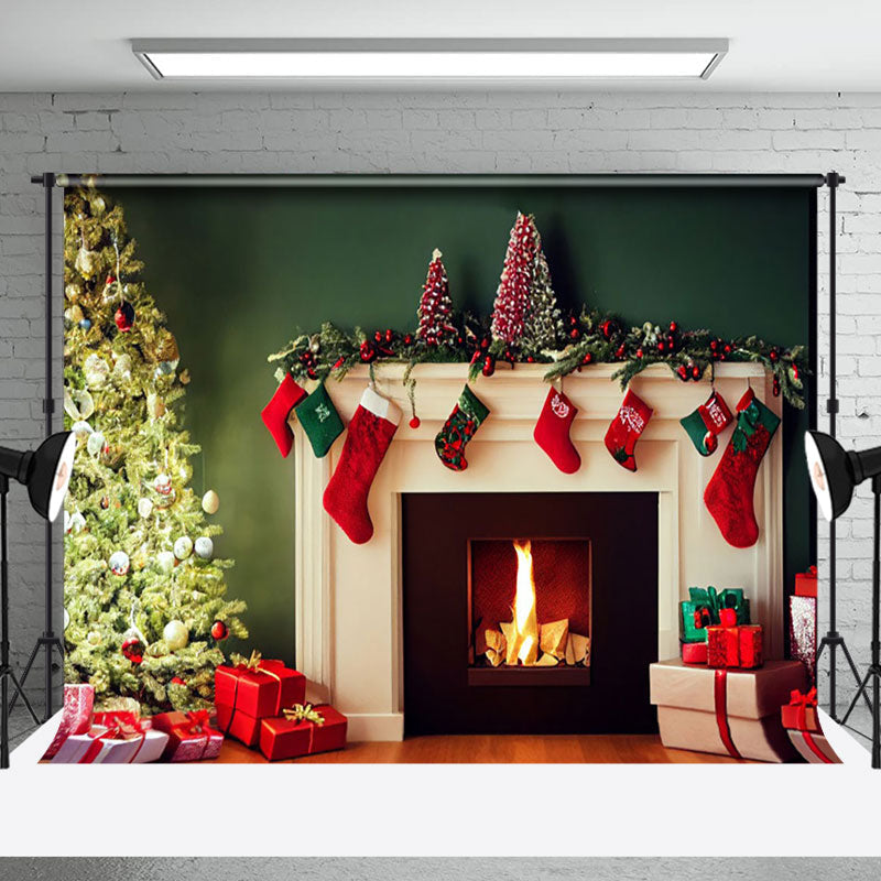 Aperturee - Aperturee Modern White Fireplace Socks Christmas Tree Backdrop