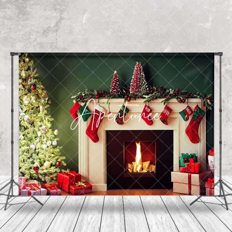 Aperturee - Aperturee Modern White Fireplace Socks Christmas Tree Backdrop