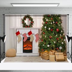 Aperturee - Aperturee Modern White Fireplace Wreath Tree Gift Xmas Backdrop