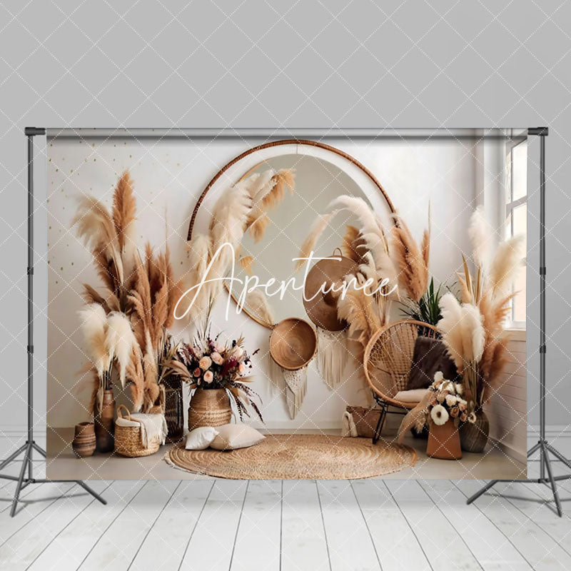 Aperturee - Aperturee Modern White Wall Boho Hay Bouquet Floral Backdrop