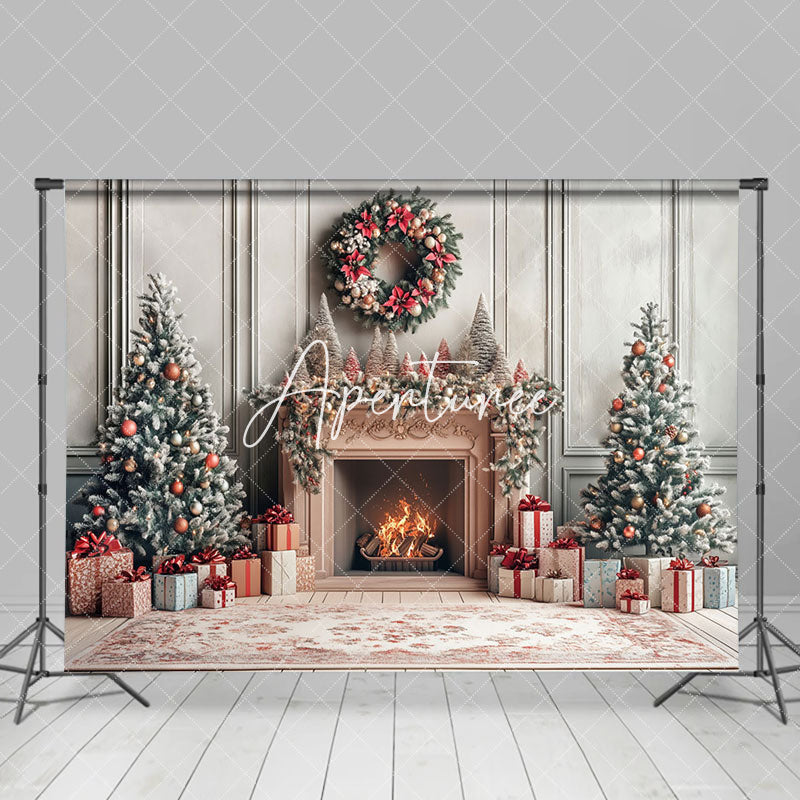 Aperturee - Aperturee Modern White Wall Christmas Vibe Fireplace Backdrop