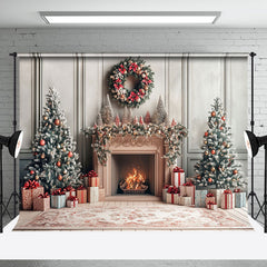 Aperturee - Aperturee Modern White Wall Christmas Vibe Fireplace Backdrop