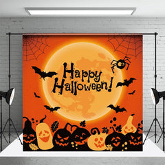 Aperturee - Aperturee Moon Bats Black Orange Pumpkin Halloween Backdrop