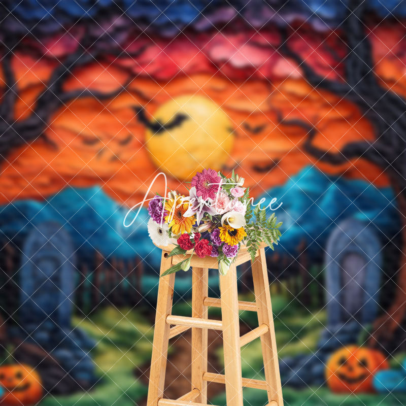 Aperturee - Aperturee Moon Night Cemetery Brown Trunk Halloween Backdrop