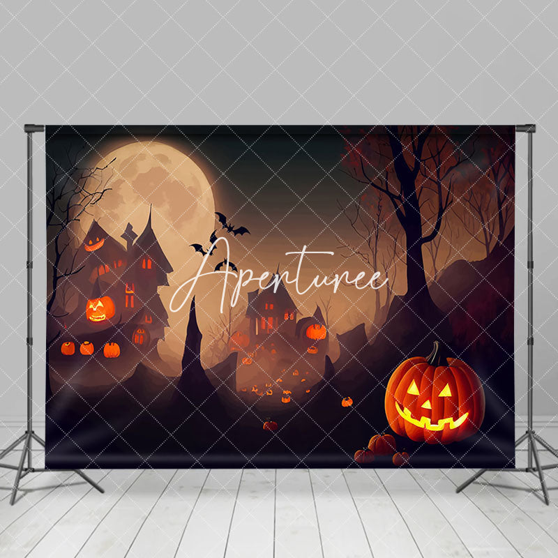 Aperturee - Aperturee Moon Night Foggy Cemetery Castle Halloween Backdrop