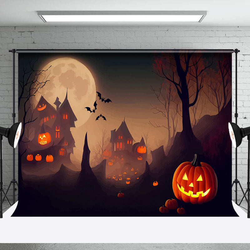 Aperturee - Aperturee Moon Night Foggy Cemetery Castle Halloween Backdrop