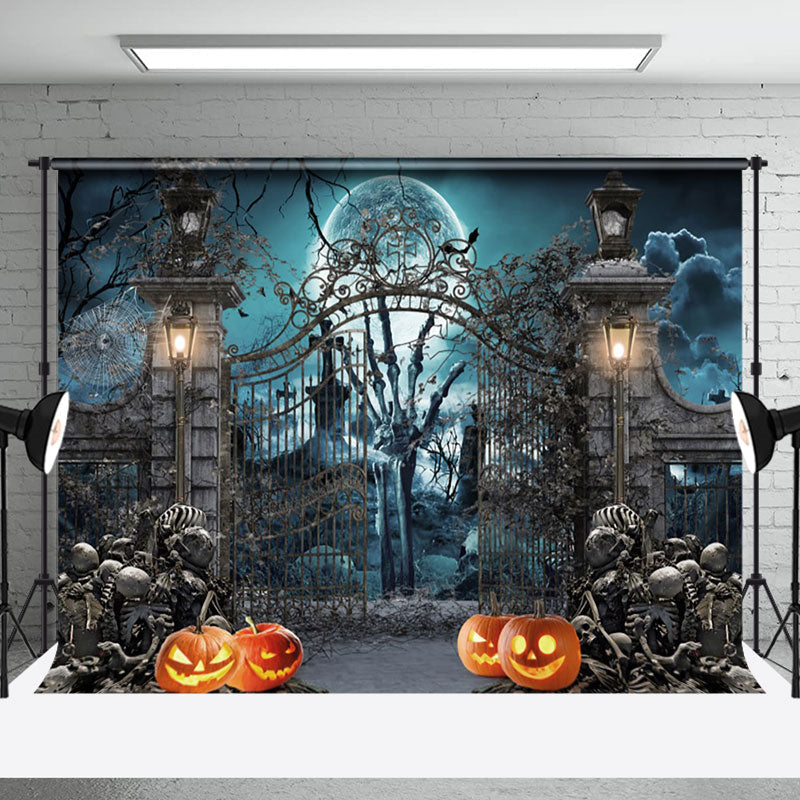 Aperturee - Aperturee Moon Night Skeleton Pumpkin Grave Halloween Backdrop