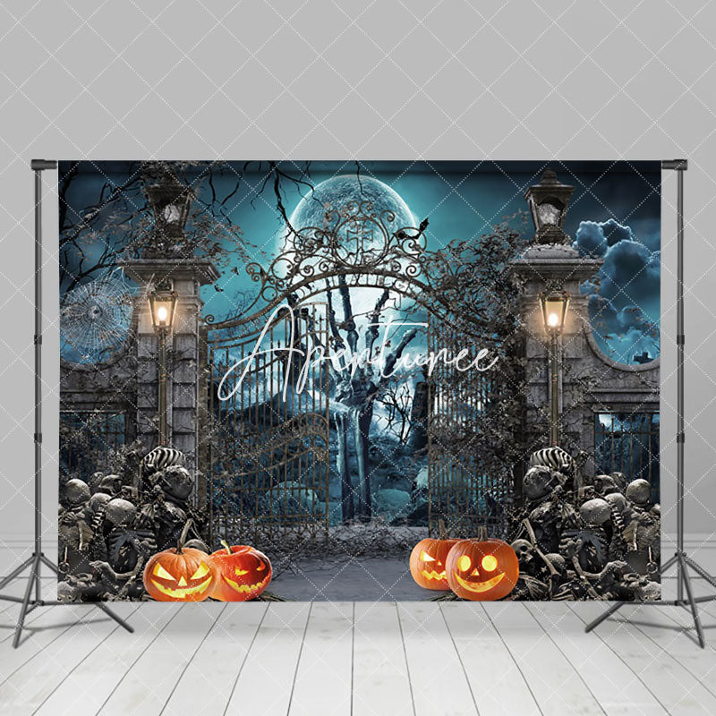 Aperturee - Aperturee Moon Night Skeleton Pumpkin Grave Halloween Backdrop