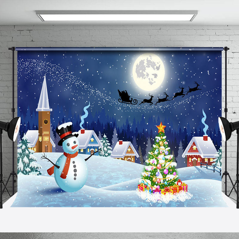 Aperturee - Aperturee Moon Night Snowy Town Field Merry Christmas Backdrop