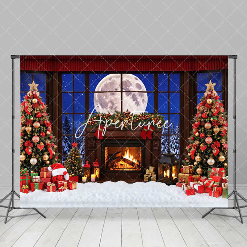 Aperturee - Aperturee Moon Night Xmas Trees Fireplce Christmas Backdrop