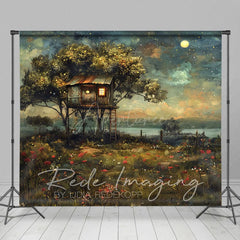 Aperturee - Aperturee Moon Starry Sky Tree House Grassland Summer Backdrop