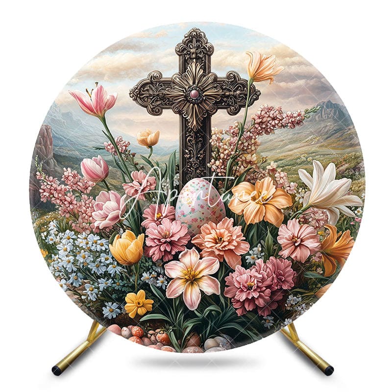 Aperturee - Aperturee Mountain Floral Eggs Cross Round Easter Backdrop