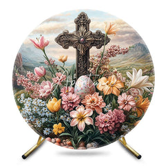 Aperturee - Aperturee Mountain Floral Eggs Cross Round Easter Backdrop