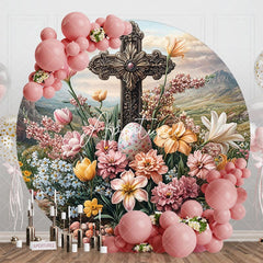 Aperturee - Aperturee Mountain Floral Eggs Cross Round Easter Backdrop