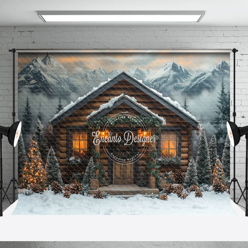 Aperturee - Aperturee Mountain-Foot Lighted Wood House Christmas Backdrop