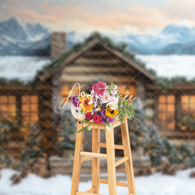 Aperturee - Aperturee Mountain-Foot Lighted Wood House Winter Backdrop