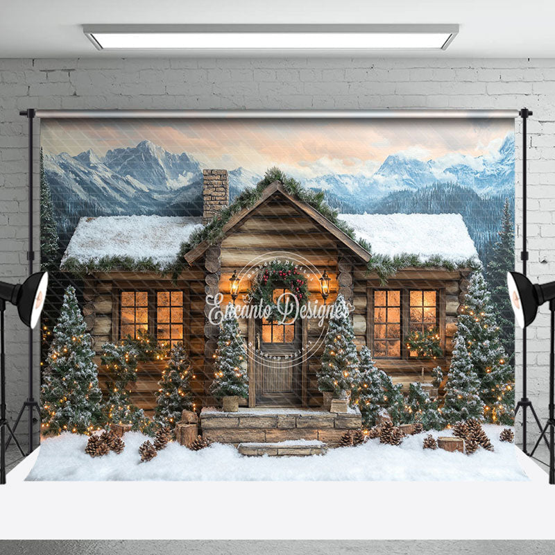 Aperturee - Aperturee Mountain-Foot Lighted Wood House Winter Backdrop