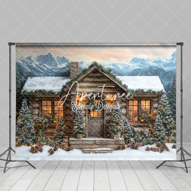 Aperturee - Aperturee Mountain-Foot Lighted Wood House Winter Backdrop