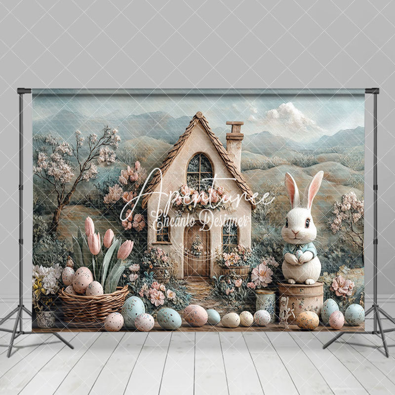 Aperturee - Aperturee Mountain Scene Bunny Hutch Egg Floral Easter Backdrop