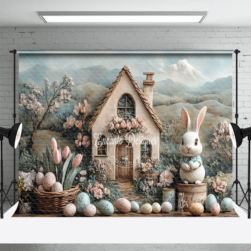 Aperturee - Aperturee Mountain Scene Bunny Hutch Egg Floral Easter Backdrop