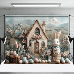 Aperturee - Aperturee Mountain Scene Bunny Hutch Egg Floral Easter Backdrop