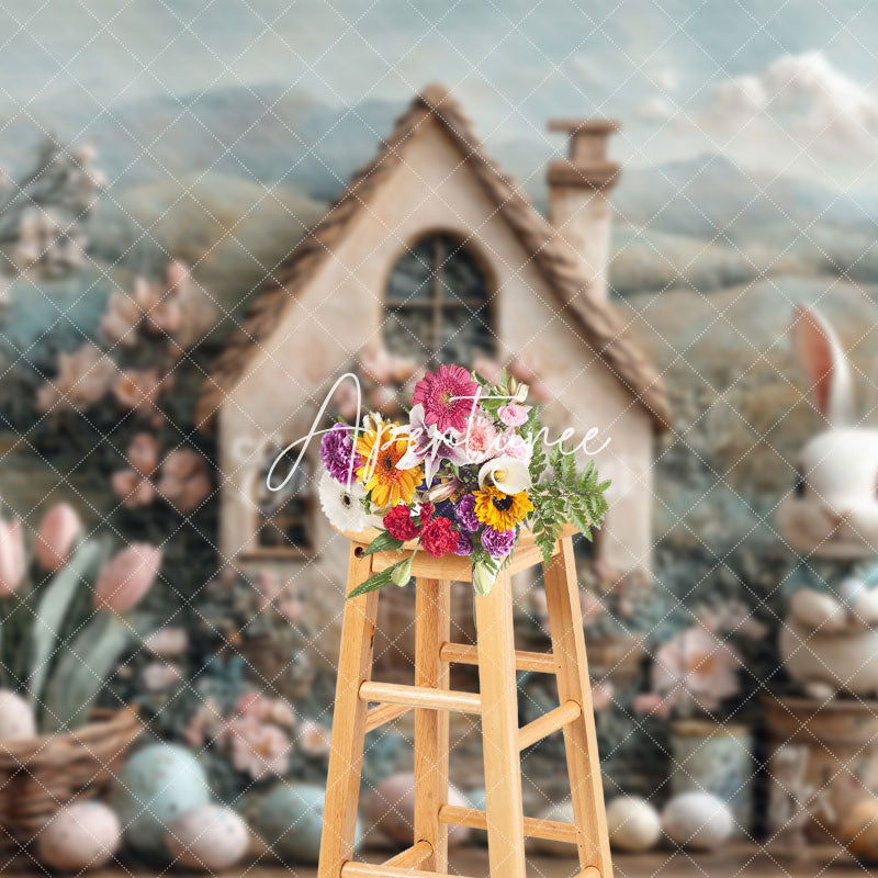 Aperturee - Aperturee Mountain Scene Bunny Hutch Egg Floral Easter Backdrop