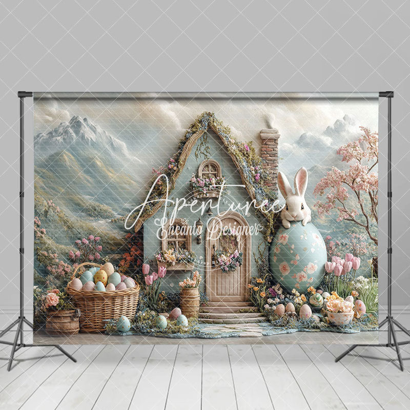 Aperturee - Aperturee Mountain Wall Rabbit House Egg Floral Easter Backdrop