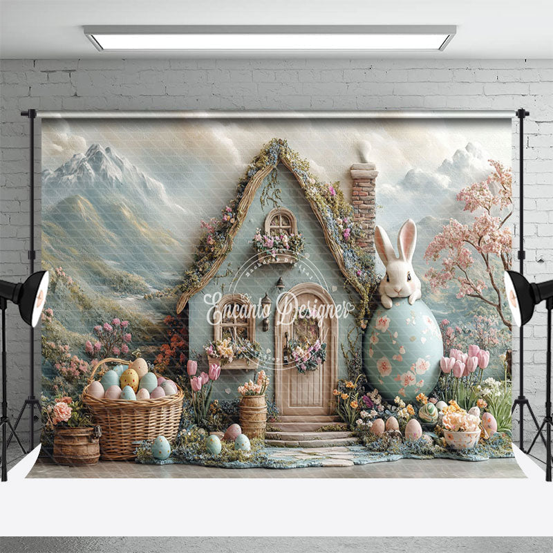 Aperturee - Aperturee Mountain Wall Rabbit House Egg Floral Easter Backdrop