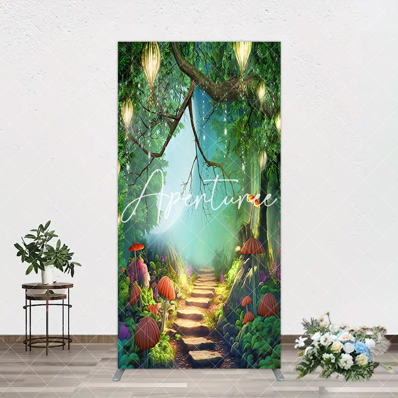 Aperturee - Aperturee Mushroom Forest Stone Steps Birthday Arch Backdrop