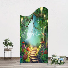 Aperturee - Aperturee Mushroom Forest Stone Steps Birthday Arch Backdrop