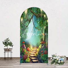 Aperturee - Aperturee Mushroom Forest Stone Steps Birthday Arch Backdrop