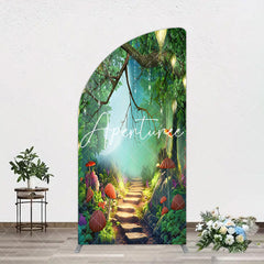 Aperturee - Aperturee Mushroom Forest Stone Steps Birthday Arch Backdrop