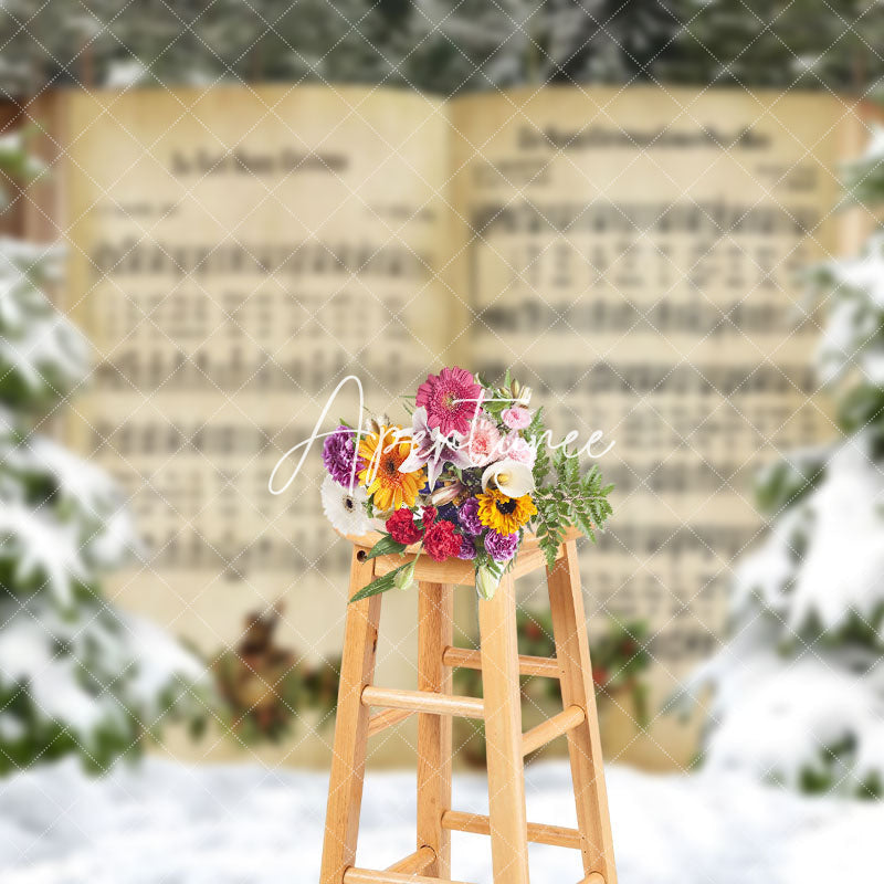 Aperturee - Aperturee Music Book Snow Forest Winter Photography Backdrop