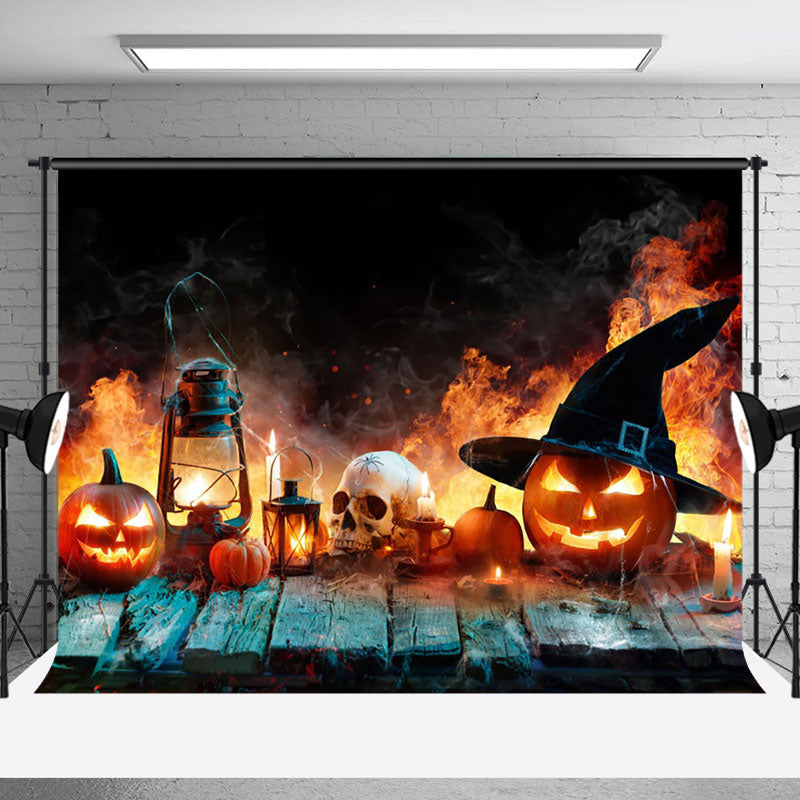 Aperturee - Aperturee Mystic Witch Fire Pumpkin Skull Halloween Backdrop