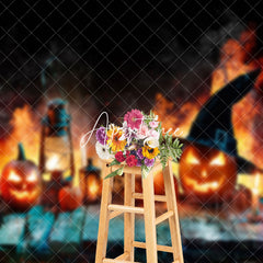 Aperturee - Aperturee Mystic Witch Fire Pumpkin Skull Halloween Backdrop