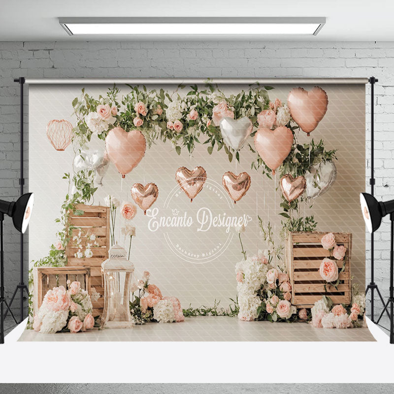 Aperturee - Aperturee Natural Plant Pink Floral Balloons Romantic Backdrop