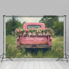 Aperturee - Aperturee Natural Spring Field Pink Truck Floral Backdrop